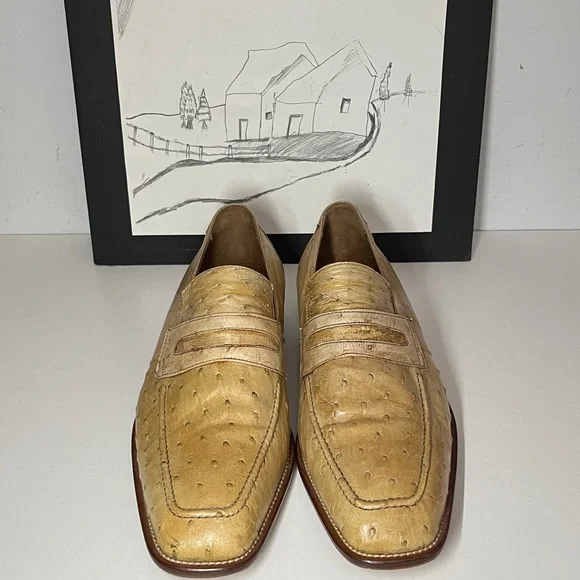 Mezlan Platinum Ostrich Quill Penny Loafers Men’s Size US 10.5 M - Picture 3 of 16